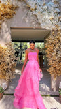 Vintage Hot Pink Strapless Long Prom Dress A-Line Ruffle Formal Dress HZ1024