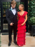 Vintage Red V-neck Long Prom Dress Sheath Tiered High Slit Formal Dress HZ1024