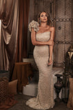 Ivory One Shoulder Pearl Bodycon Long Ball Gown HZ1024