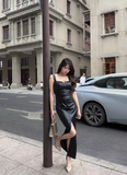 Simple Black Split Dress Design A-line Sleeveless Spaghetti Strap Leather Dress HZ1024
