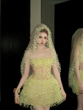 Fashion Yellow Sequined Strapless A-Line Veil Design Tulle Party Dress Homecoming Dress HZ1024