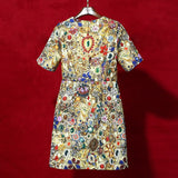 Summer Retro Court Wind And Heavy Industry Luxury Diamond Jaclace Round Short Sleeves Loose Casual Dress 68HZ