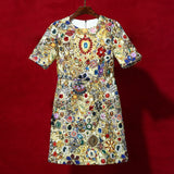 Summer Retro Court Wind And Heavy Industry Luxury Diamond Jaclace Round Short Sleeves Loose Casual Dress 68HZ