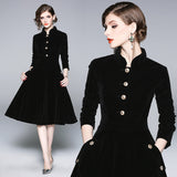 Black Hepburn Wind Collared Gold Velvet Dress Lady 2025 Autumn And Winter Dress In The Long Temperament Coat 68HZ