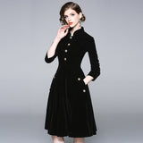 Black Hepburn Wind Collared Gold Velvet Dress Lady 2025 Autumn And Winter Dress In The Long Temperament Coat 68HZ