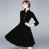 Black Hepburn Wind Collared Gold Velvet Dress Lady 2025 Autumn And Winter Dress In The Long Temperament Coat 68HZ