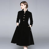 Black Hepburn Wind Collared Gold Velvet Dress Lady 2025 Autumn And Winter Dress In The Long Temperament Coat 68HZ