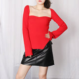 Sexy Out-Sup Knitted Jersey 2025 Spring New Irregular Bottom Shirt Slim Slim Skinny Sleeves Machine Woman 68HZ