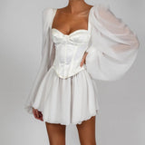 INSWISH New Women's Lantern Sleeve OL Temperament Sexy Chiffon Dress 68HZ
