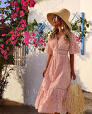 Wish 2024 Summer Women's V-Neck Short-Sleeved Lace Sleeves Single-Drace Dress 68HZ