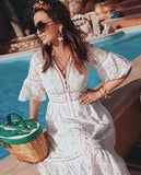 Wish 2024 Summer Women's V-Neck Short-Sleeved Lace Sleeves Single-Drace Dress 68HZ