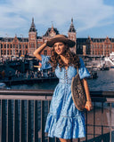 Wish 2024 Summer Women's V-Neck Short-Sleeved Lace Sleeves Single-Drace Dress 68HZ