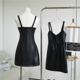 Simple Black Split Dress Design A-line Sleeveless Spaghetti Strap Leather Dress HZ1024
