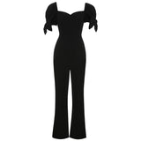2025 Autumn New Temperamental Jumpsuit Sexy Little V Collar Bubble Sleeves Thin Black Breasted Goddess Fan Jumpsuit 68HZ