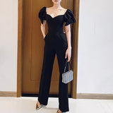 2025 Autumn New Temperamental Jumpsuit Sexy Little V Collar Bubble Sleeves Thin Black Breasted Goddess Fan Jumpsuit 68HZ