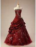 Vintage Burgundy Embroidery Beaded Sweet 16 Quinceanera A-Line Floor-length Prom Dress Birthday Dress Evening Dress Ball Gown HZ1024