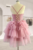 Fashion Pink Corset Tulle Design Spaghetti Strap Tiered Homecoming Dress HZ1024
