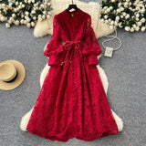 Vintage French V-neck Lantern Sleeve Single-breasted Waist Draw-in Embroidered Dress HZ1024