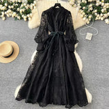 Vintage French V-neck Lantern Sleeve Single-breasted Waist Draw-in Embroidered Dress HZ1024