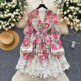 Palace Style Printed Lantern Sleeve V-neck Hollow Hook Embroidery Light Luxury Temperament A-line Dress HZ1024