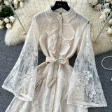 Vintage Elegant Crochet Embroidery Belt Design Single Breasted Flared Sleeve Long Dress HZ1024