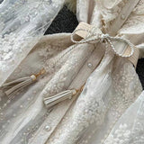 Vintage Elegant Crochet Embroidery Belt Design Single Breasted Flared Sleeve Long Dress HZ1024