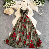 New Women Simple Fashion Spaghetti Strap High Waist Floral Dress HZ1024