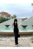 2025 Autumn Dress New French Retro Waist Temperament Showing Thin Legs Hanging Shoulder Black Conjoined Trousers Woman 68HZ