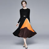 Elegant Knitted Splicing Gradient Color Folds To The Waist Swing Dress Women's Dress 2025 Autumn And Winter New 68HZ