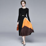 Elegant Knitted Splicing Gradient Color Folds To The Waist Swing Dress Women's Dress 2025 Autumn And Winter New 68HZ