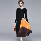 Elegant Knitted Splicing Gradient Color Folds To The Waist Swing Dress Women's Dress 2025 Autumn And Winter New 68HZ
