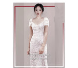 2025 Summer New Temperament Fashion Short-Sleeved Lace Repair V-Neck Long Dress Woman 68HZ