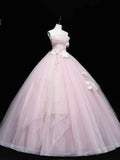 Simple Pink Applique Strapless Sweet 16 Quinceanera A-Line Tulle Floor-length Prom Dress Birthday Dress Evening Dress Ball Gown HZ1024