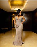 Vintage Silver-gray Beaded Strapless Long Prom Dress Mermaid Formal Dress HZ1024