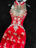 Gorgeous Sparkling Red Beaded Sequined Embroidery Design Elegant Mermaid Prom Dress Evening Dress HZ1024