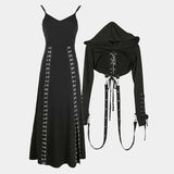 Vintage Hooded Strappy Top Design A-line Sleeveless Spaghetti Strap Split Dress HZ1024