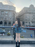Vintage Ruffled Hem Design A-line High-waist Sleeveless Spaghetti Strap Denim Dress HZ1024