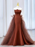 Brown Mermaid Satin Tulle Long Prom Dress, Brown Long Evening Dress HZ1024