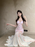 New Stylish Women Pink Butterfly Mermaid Spaghetti Strap Dress HZ1024