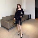 Vintage Elegant Sequins Design A-Line Square Neckline Mermaid Long-sleeved Dress HZ1024