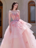 Vintage Pink Applique Beaded Strapless Sweet 16 Quinceanera Sweetheart A-Line Floor-length Prom Dress Birthday Dress Evening Dress Ball Gown HZ1024