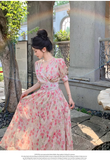 New Fashion Pink Floral Design Short Sleeves V-neck A-Line Women Long Dress HZ1024