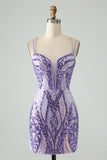 Gorgeous Purple Sequined Design A-line Bodycon Spaghetti Strap Homecoming Dress HZ1024