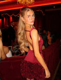 Vintage Burgundy Satin Short Sheath Party Dress Cocktail Dress Homecoming Dress HZ1024