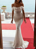 Mermaid Black Dress Evening Gown Sparkle & Shine Dress Wedding Party Birthday Floor Length Short Sleeve Off Shoulder HZ1024