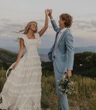 Gorgeous White Lace Square-neck A-Line Tiered Wedding Dress Prom Dress Evening Dress HZ1024