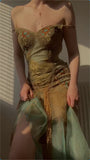 Vintage Green Beaded Chiffon Embroidery Prom Dress A-Line Spaghetti Strap Evening Dress Long Formal Dress HZ1024