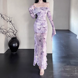 Women Elegant Mesh Butterfly Print Lavender Slim Long-sleeved Dress HZ1024
