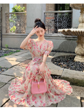 New Fashion Pink Floral Design Short Sleeves V-neck A-Line Women Long Dress HZ1024