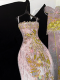Gorgeous Sparkling Pink Beaded Applique Mermaid Design Exquisite Embroidery Evening Dress Prom Dresses HZ1024